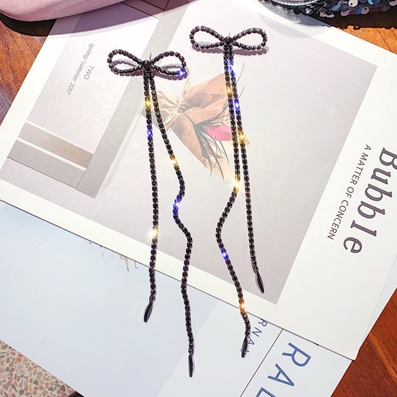 Black colored Rhinestone long Bow Earrings - Picture 5 of 16